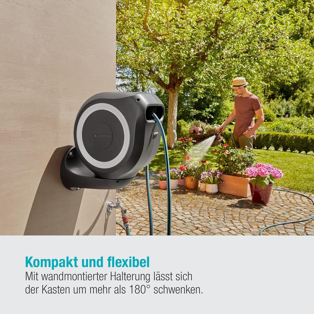 Gardena Wand-Schlauchbox RollUp M 20 m: Flexible Bewässerung für mittelgroße Gärten, schwenkbare Schlauchtrommel, mit Wandhalterung, Systemteilen und Spritze inkl. 20 m Gardena Schlauch (18612-20)