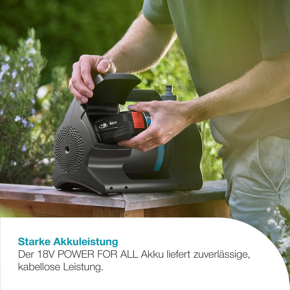 Gardena Akku-Gartenpumpe 3000 Silent 18V P4A Ready-To-Use Set: Leistungsstark, Leiser Betrieb, Regen- und UV-geschütztes Gehäuse, Trockenlaufsicherung, Kabellos (14610-20)