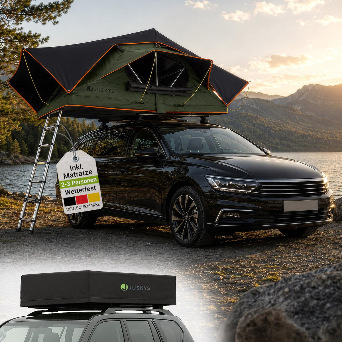 Juskys Lago Autodachzelt, robuste Konstruktion, wasserabweisend und UV-geschützt, Autodachzelt, Camping, LED-Beleuchtung