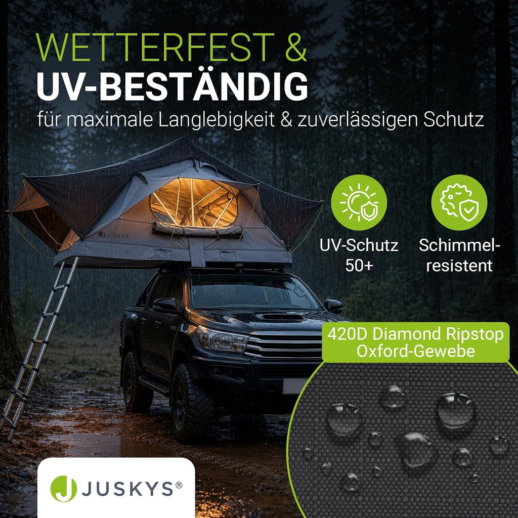 Juskys Lago Autodachzelt, robuste Konstruktion, wasserabweisend und UV-geschützt, Autodachzelt, Camping, LED-Beleuchtung