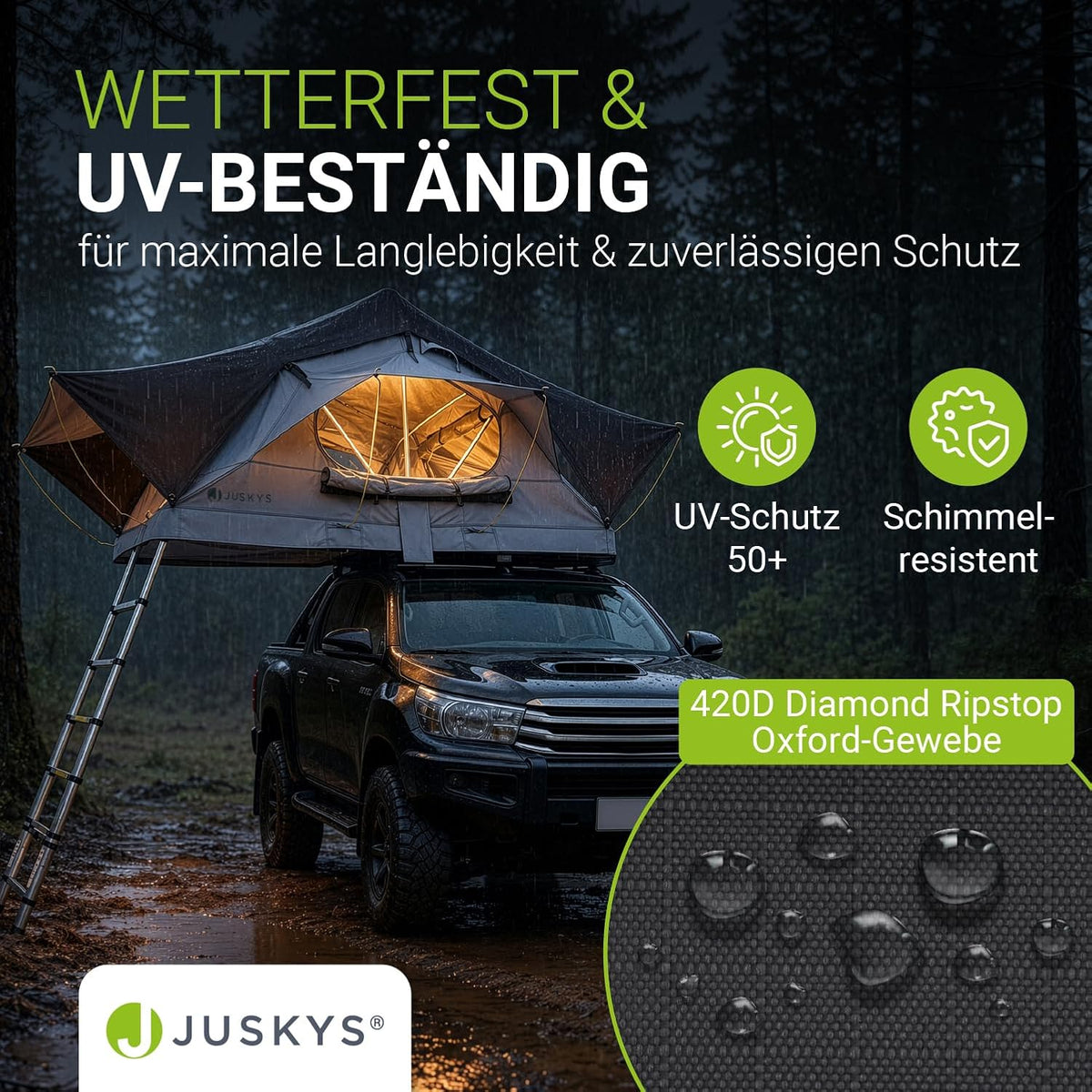 Juskys Lago Autodachzelt, robuste Konstruktion, wasserabweisend und UV-geschützt, Autodachzelt, Camping, LED-Beleuchtung