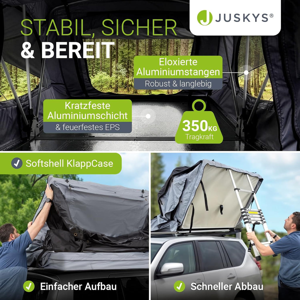 Juskys Lago Autodachzelt, robuste Konstruktion, wasserabweisend und UV-geschützt, Autodachzelt, Camping, LED-Beleuchtung