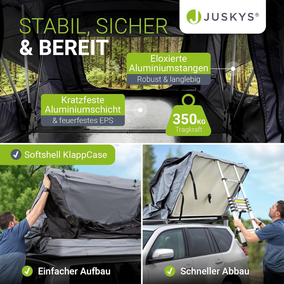 Juskys Lago Autodachzelt, robuste Konstruktion, wasserabweisend und UV-geschützt, Autodachzelt, Camping, LED-Beleuchtung