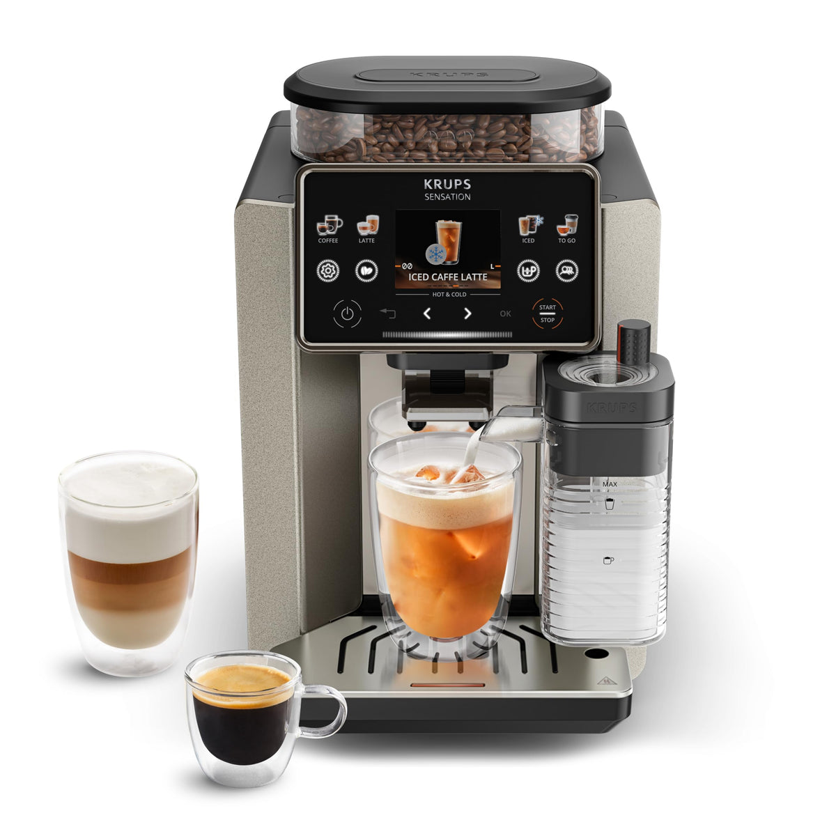 Krups Sensation Kaffeevollautomat mit Milchschaumdüse, Kaffeemaschine für Espresso, Cappuccino & Latte Macchiato, gemacht für Bohnenkaffee & Filterkaffee, bis zu 5 Kaffeegetränke und 2-Tassen-Funktion