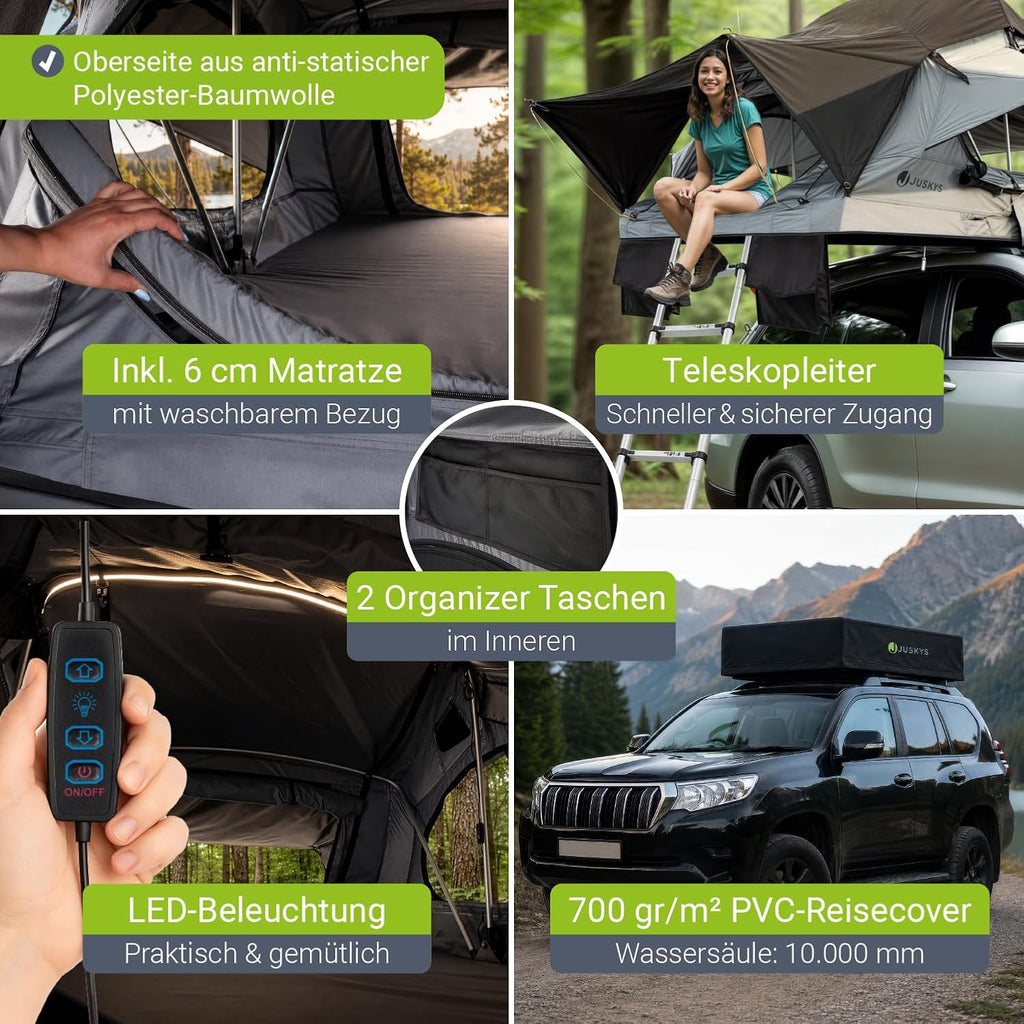 Juskys Lago Autodachzelt, robuste Konstruktion, wasserabweisend und UV-geschützt, Autodachzelt, Camping, LED-Beleuchtung