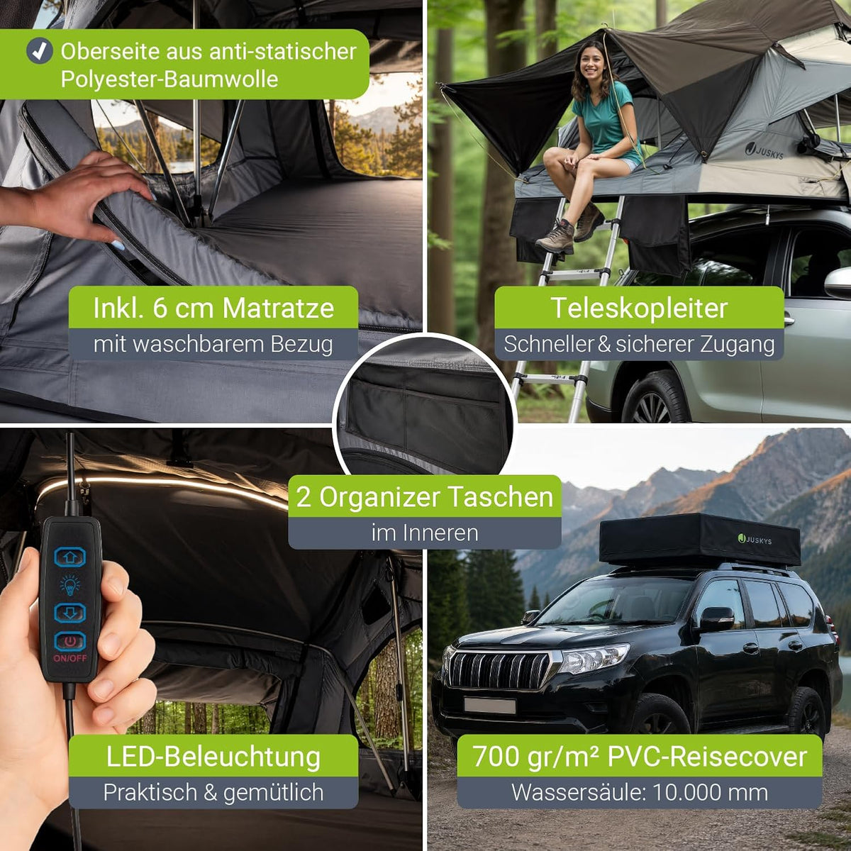 Juskys Lago Autodachzelt, robuste Konstruktion, wasserabweisend und UV-geschützt, Autodachzelt, Camping, LED-Beleuchtung