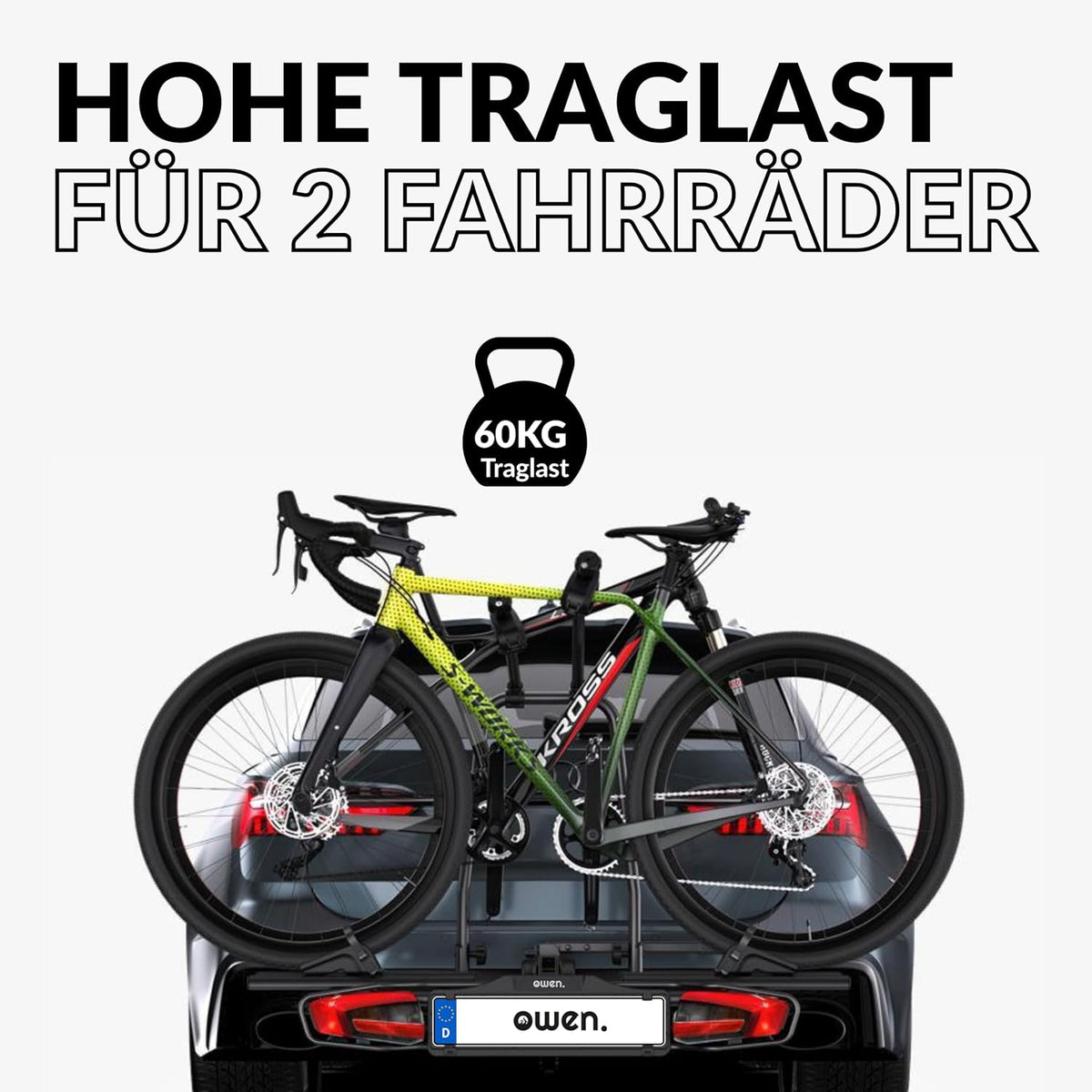 Owen Fahrradträger Anhängerkupplung für 2 Fahrräder & E-Bikes (60 kg) – Abklappbar, Abschließbar, 13-polig, TÜV-geprüft – Einfache Montage (Schwarz)