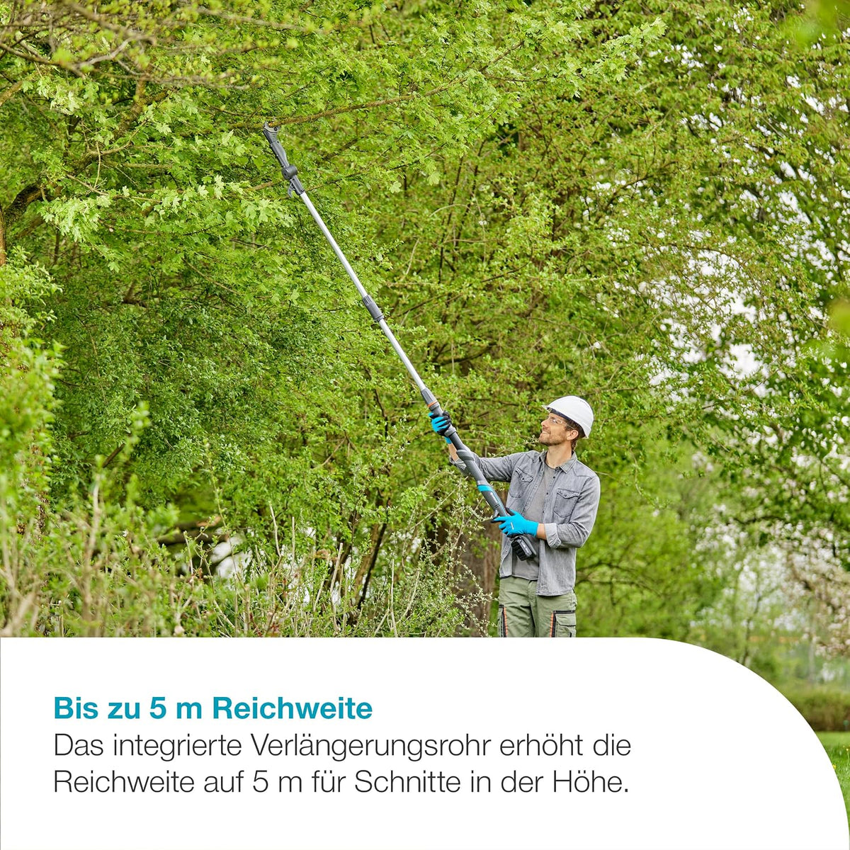 Gardena Akku-Teleskop-Baumschere HighCut 360/18V P4A Ready-to-Use Set: Bis zu 5 m Reichweite, Schwenkbarer Schneidkopf, Ergonomisch, LED-Anzeige, Kabellos (14776-20)